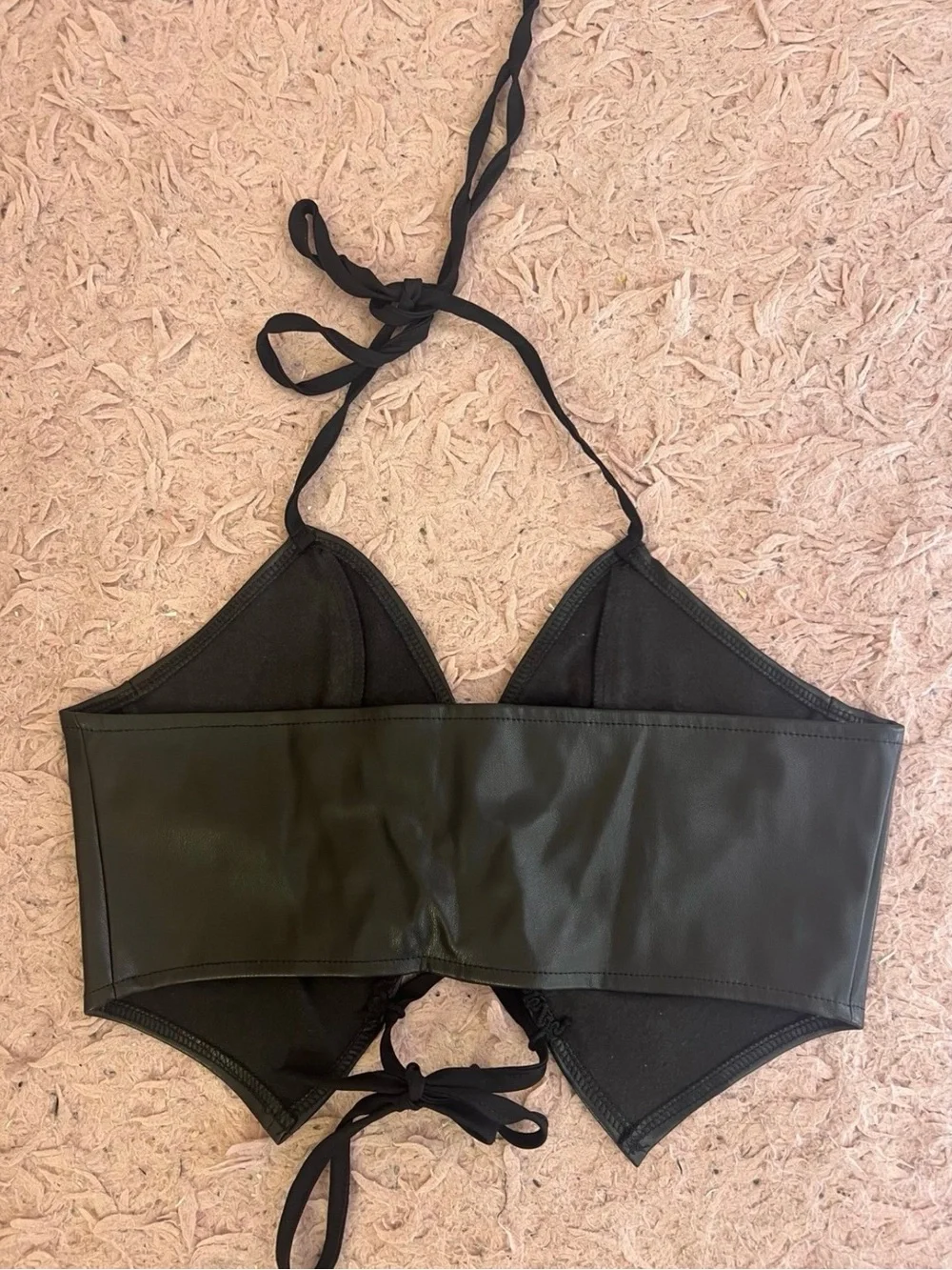 SHEIN Black Faux Leather Lace-Up Halter Bikini Top